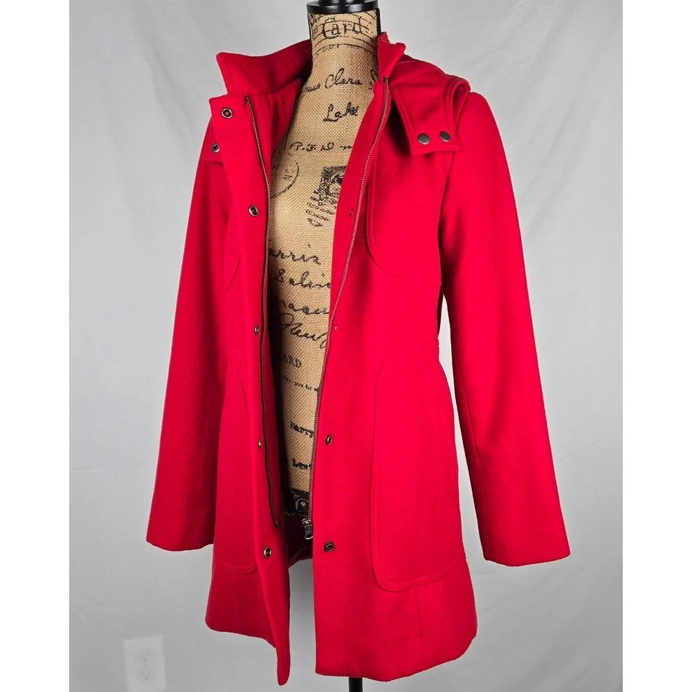 Merona Womens Red Hooded Pea Coat Jacket Zip Snap‎ Front Medium
